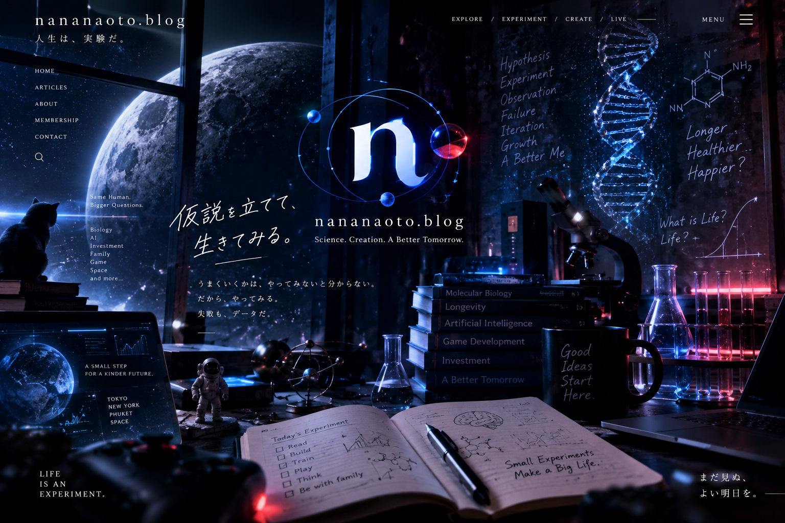 9月の表紙。宇宙を望む研究室に、猫、DNA、顕微鏡、実験ノート。中央にnananaoto.blogのロゴ。