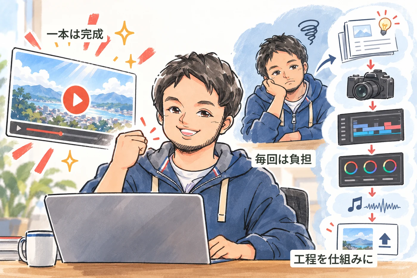 完成した動画を前に、次回からの制作手順を見直すNaotoのイラスト