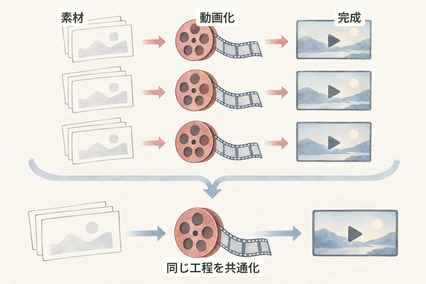 同じ動画制作工程が重複し、ひとつの再利用できる工程にまとめる余地を示すイラスト
