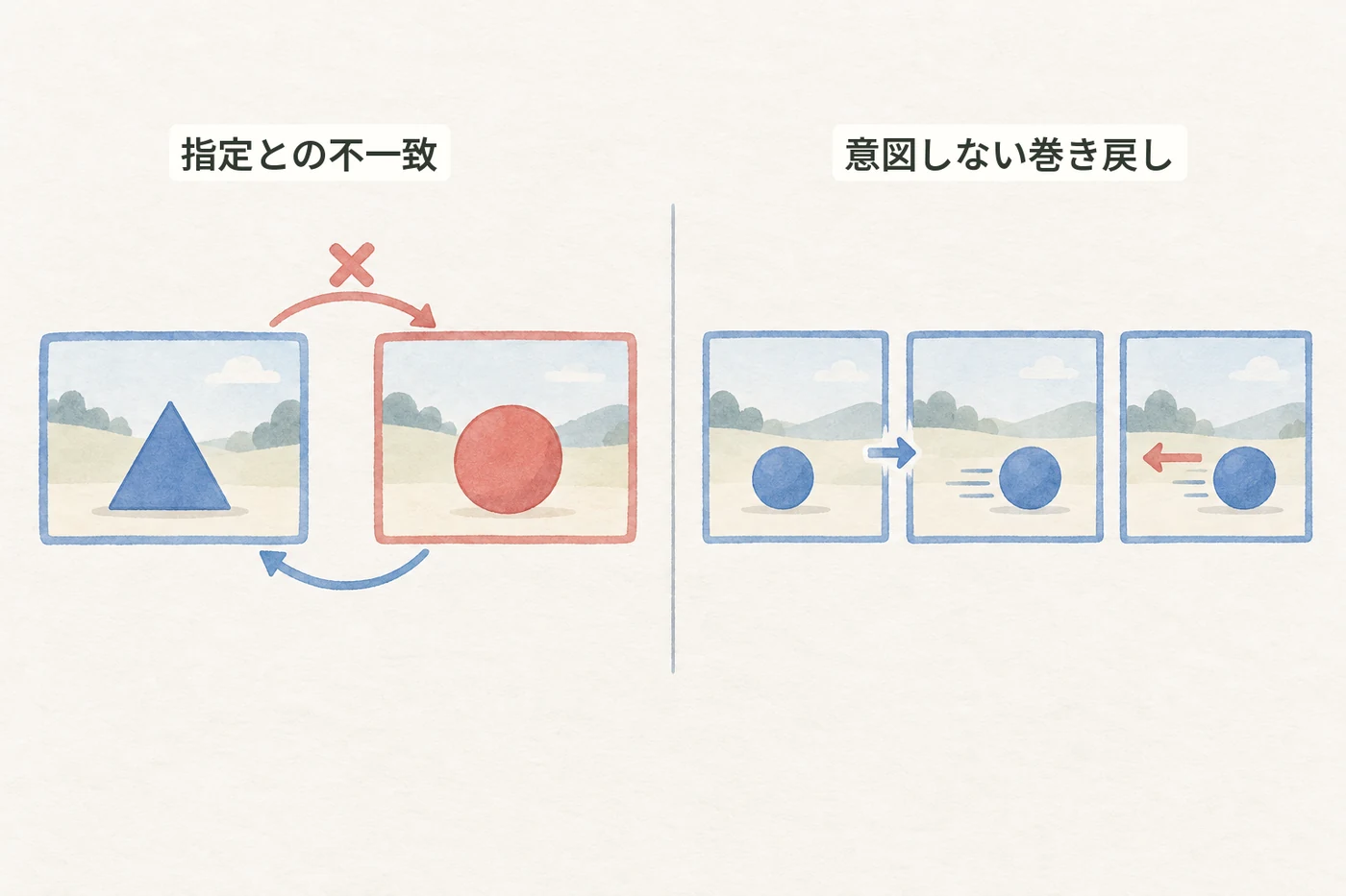 指定との不一致と、動画が意図せず逆戻りする二種類の失敗を表すイラスト