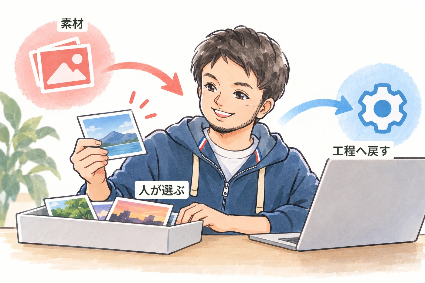 制作工程の途中で素材を選び、流れに戻すNaoto