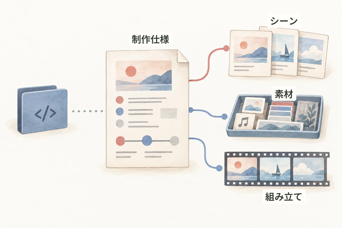 コードから独立した仕様シートが、シーン・素材・組み立てをつなぐイラスト