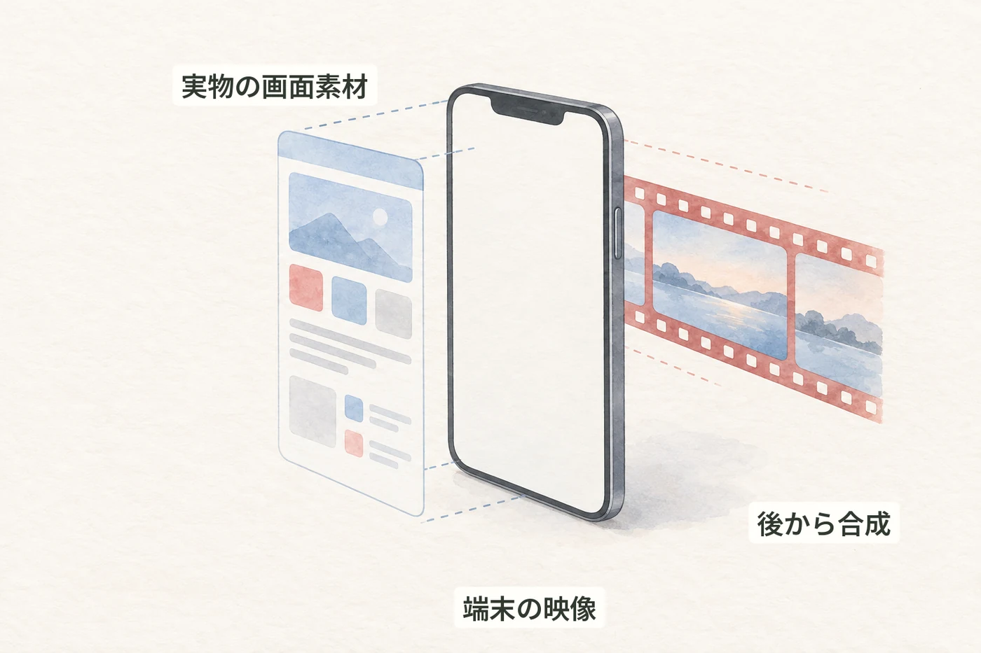 スマートフォンの映像と、後から合成する画面素材を別レイヤーで示すイラスト