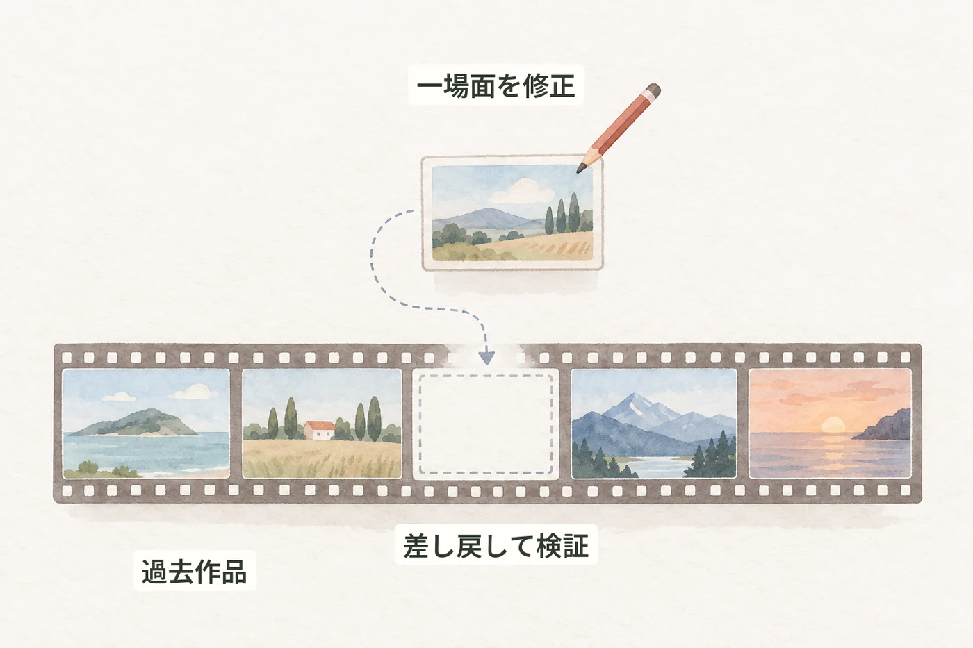 既存の動画から一場面だけを取り出し、修正して戻す試験計画のイラスト