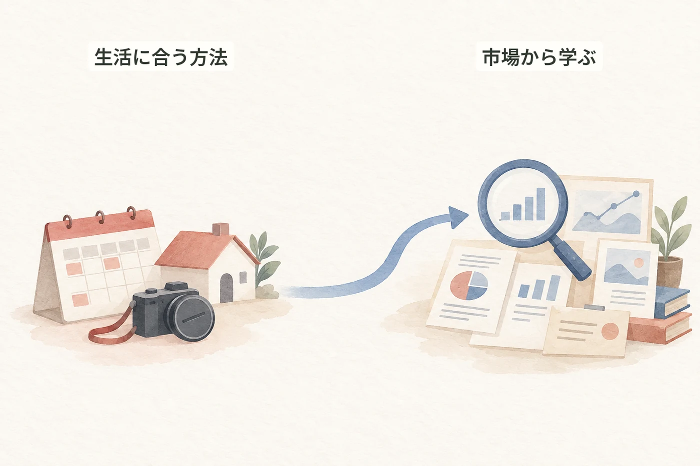 時間や生活の条件を踏まえ、市場から学ぶ方法を選ぶイラスト