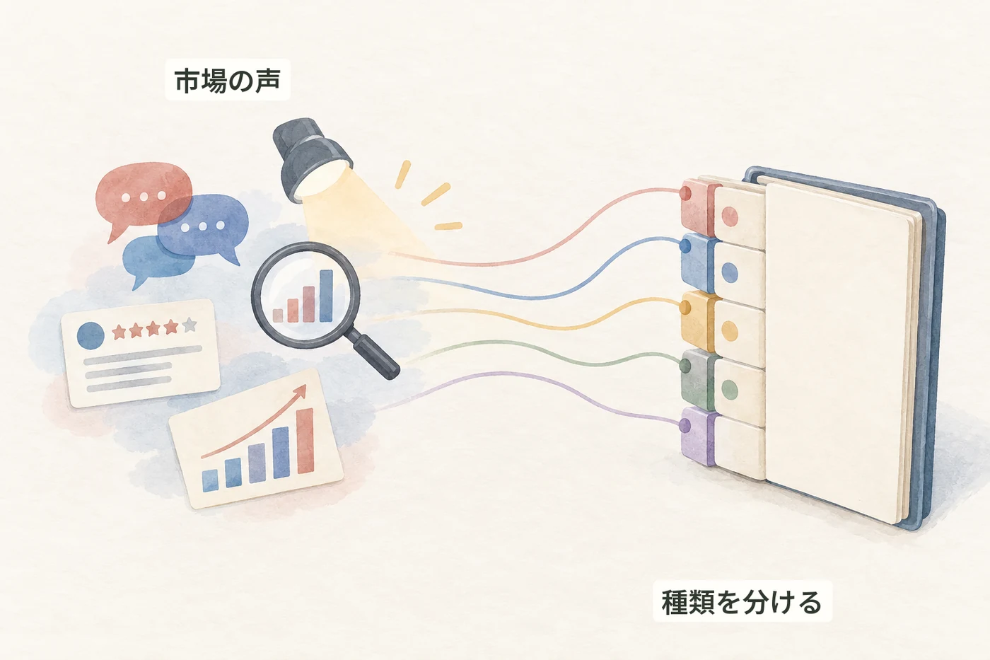 市場の声や検索、注目、レビュー、結果を、種類ごとにノートへ整理するイラスト
