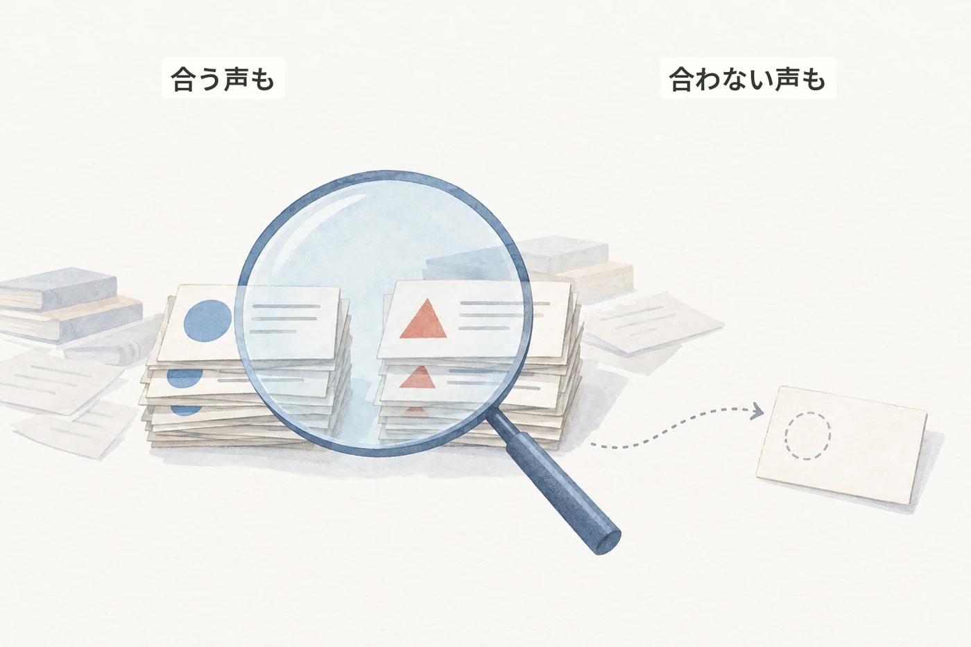 仮説に合う声だけでなく、反対の手がかりや元の根拠も確かめるイラスト