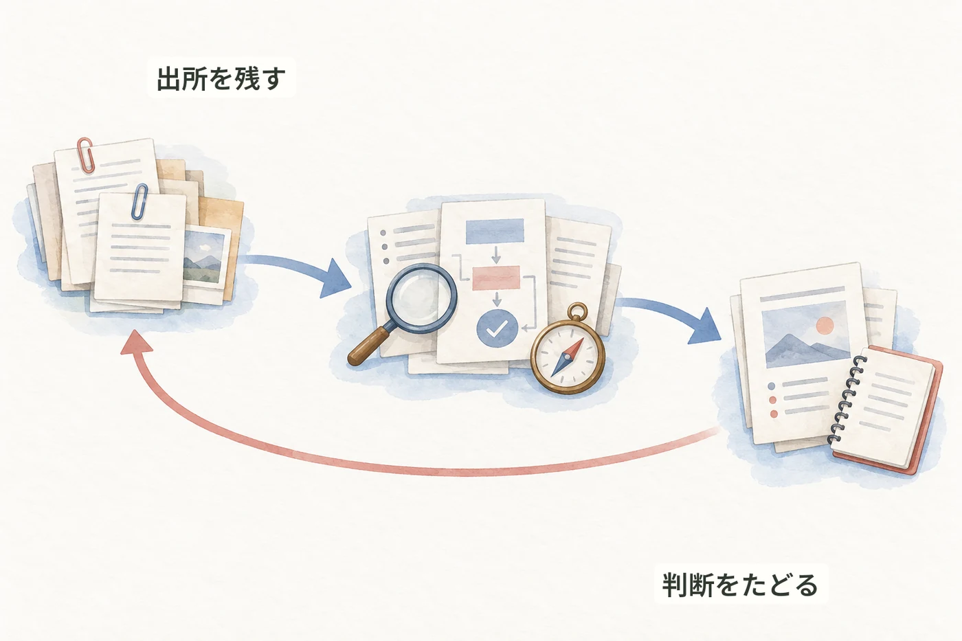 情報の出所、解釈、判断、製品と結果を、たどれる形で受け渡すイラスト