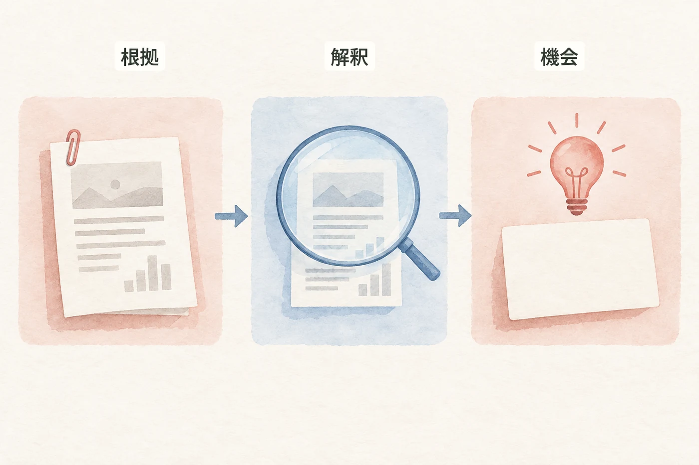 根拠となる記録、意味の解釈、取り組む機会を、別々の情報として渡すイラスト