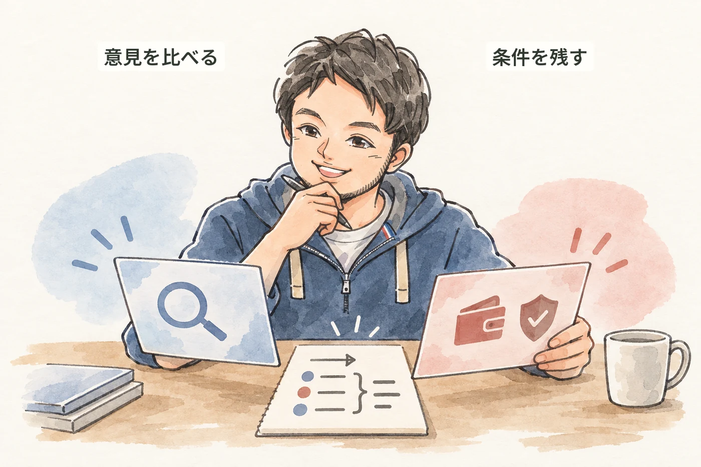 市場、費用、安全などの視点を比べ、理由と条件を判断に残すNaoto