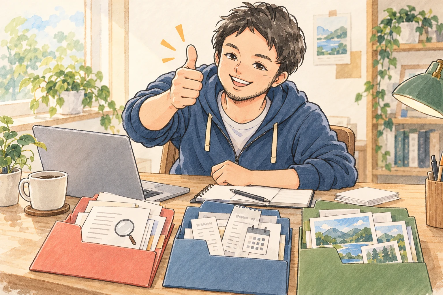 複数の配置先を考える設計に納得し、明るい笑顔でサムアップする筆者Naotoの創作水彩イラスト