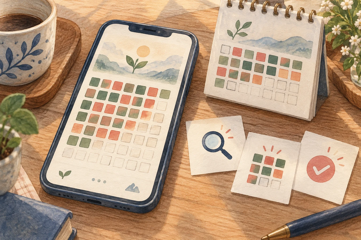 習慣を続けた日が色付きのマスで見えるスマートフォンと、検索・分かりやすさ・簡単な記録を示す創作イラスト